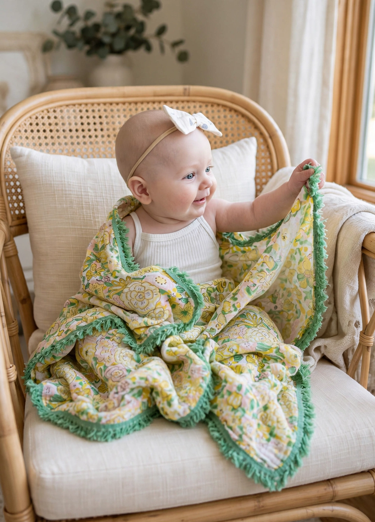 Organic Cotton Muslin Floral Swaddle - Mint Lace