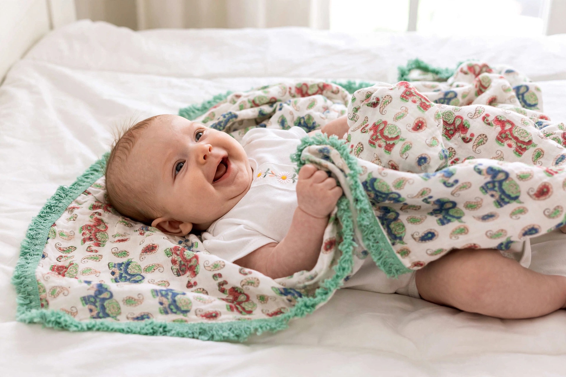 Organic Cotton Muslin Swaddle - Elephant Aqua Lace