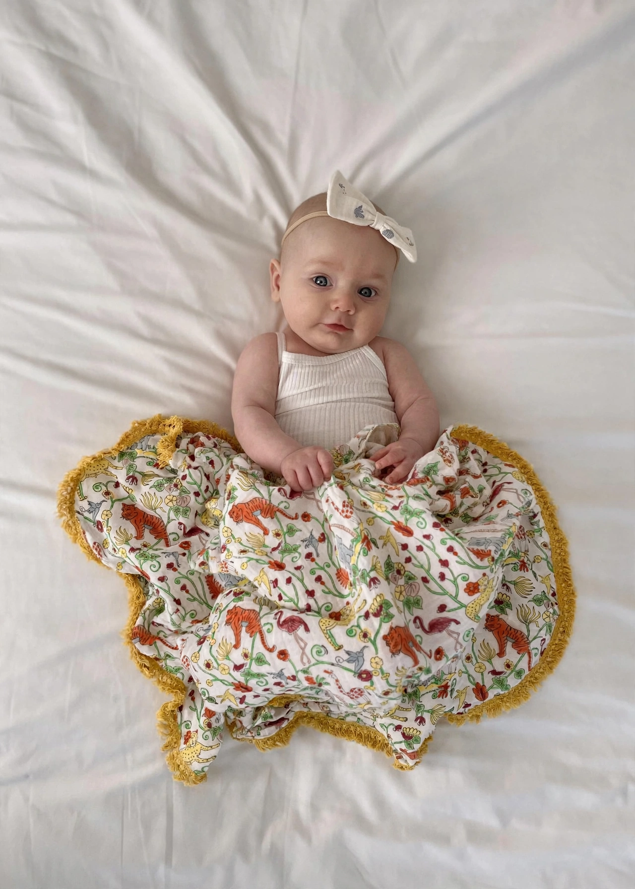 Organic Cotton Mulsin Safari Swaddle - Yellow Fringe