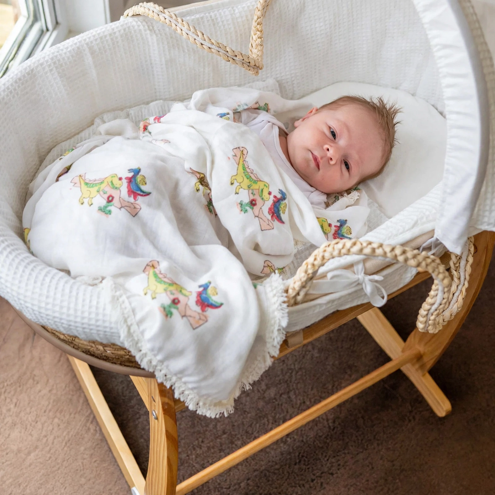 Organic Cotton Muslin Dino Swaddle -White Fringe