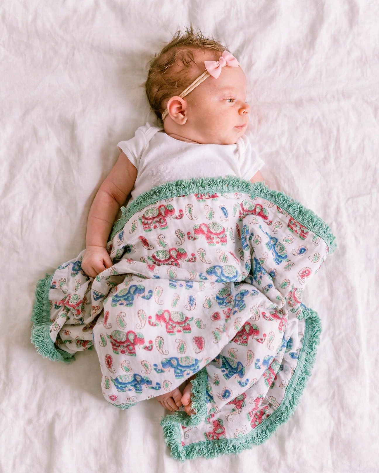 Organic Cotton Muslin Swaddle - Elephant Aqua Lace - Image 3