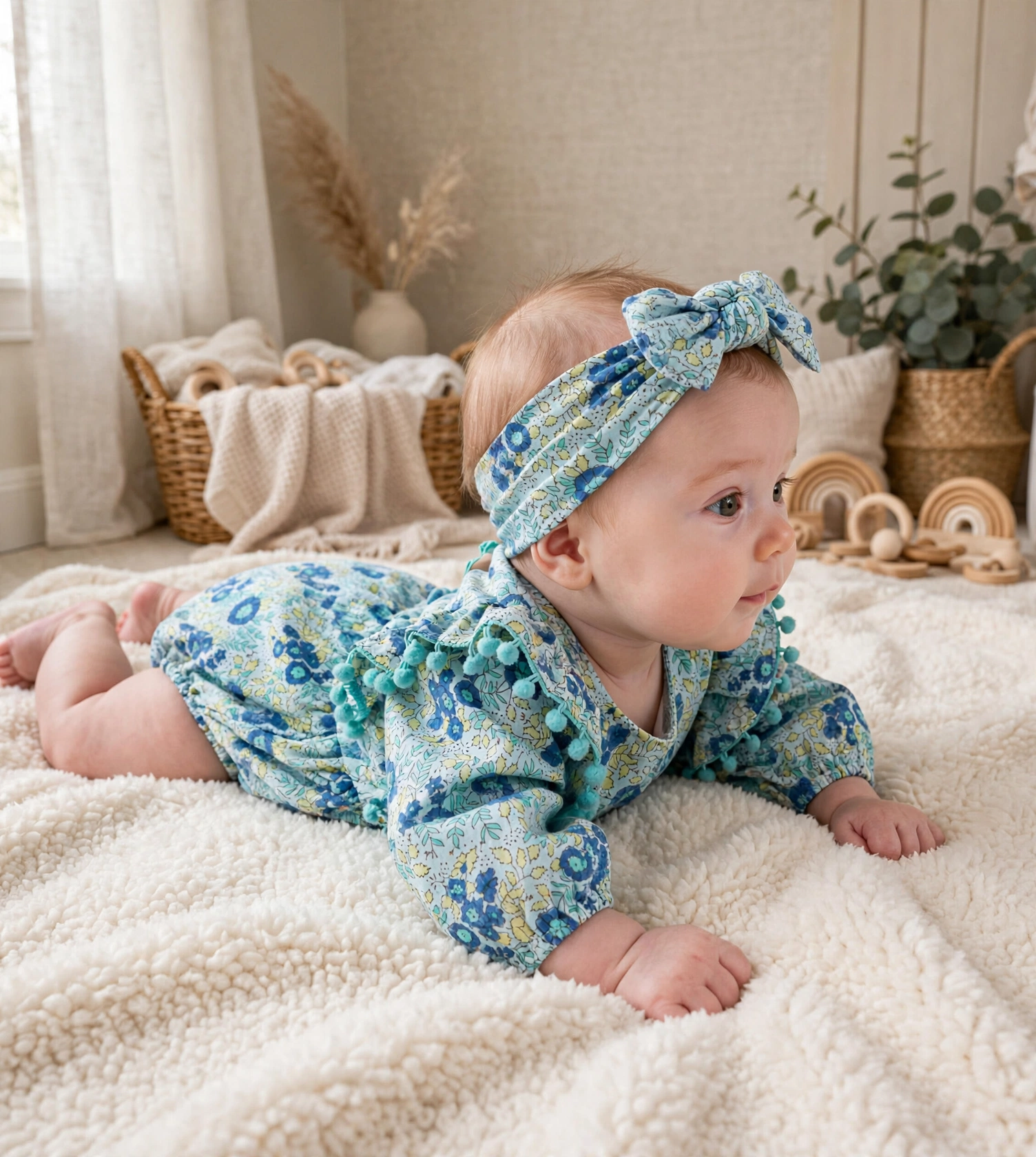 baby girl in cute romper teal colour