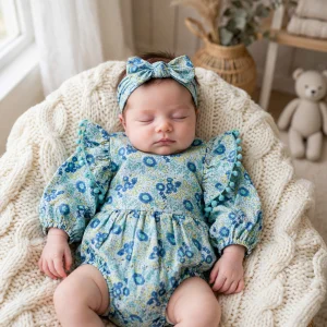 baby girl in romper in teal