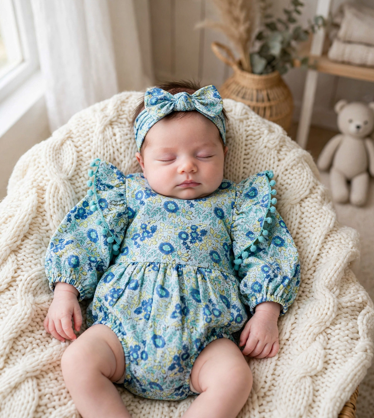 baby girl in romper in teal