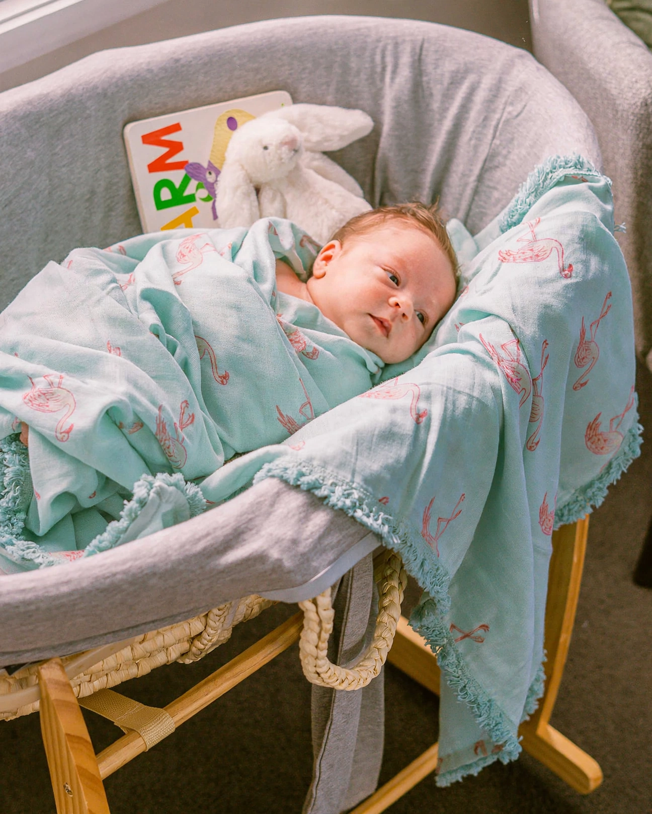 Baby Swaddle Flamingo with blue lace for boys or girls