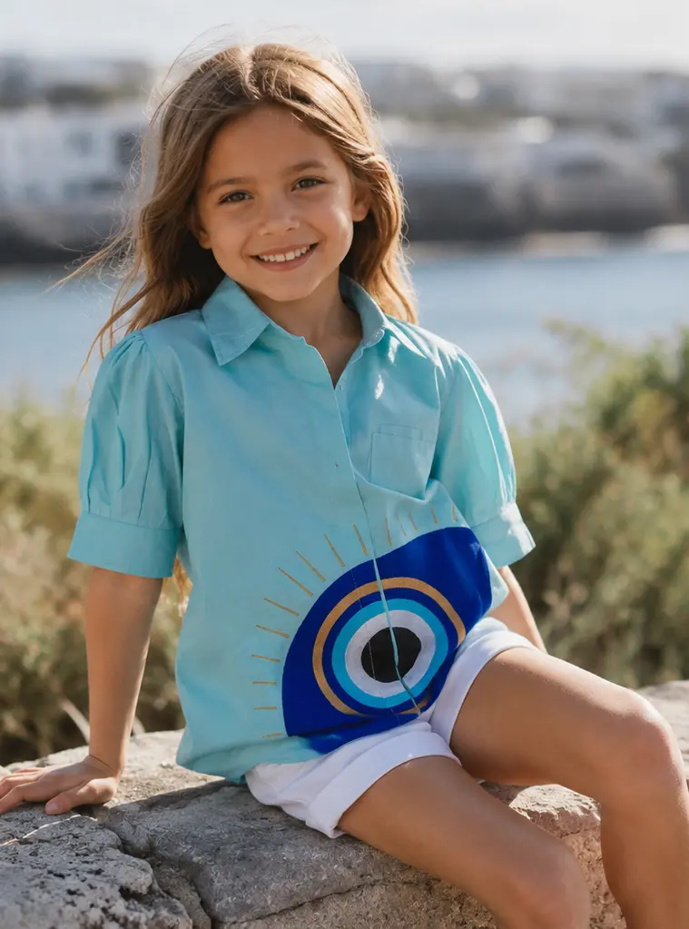 Organic Cotton Muslin Evil Eye Embroidery Shirt